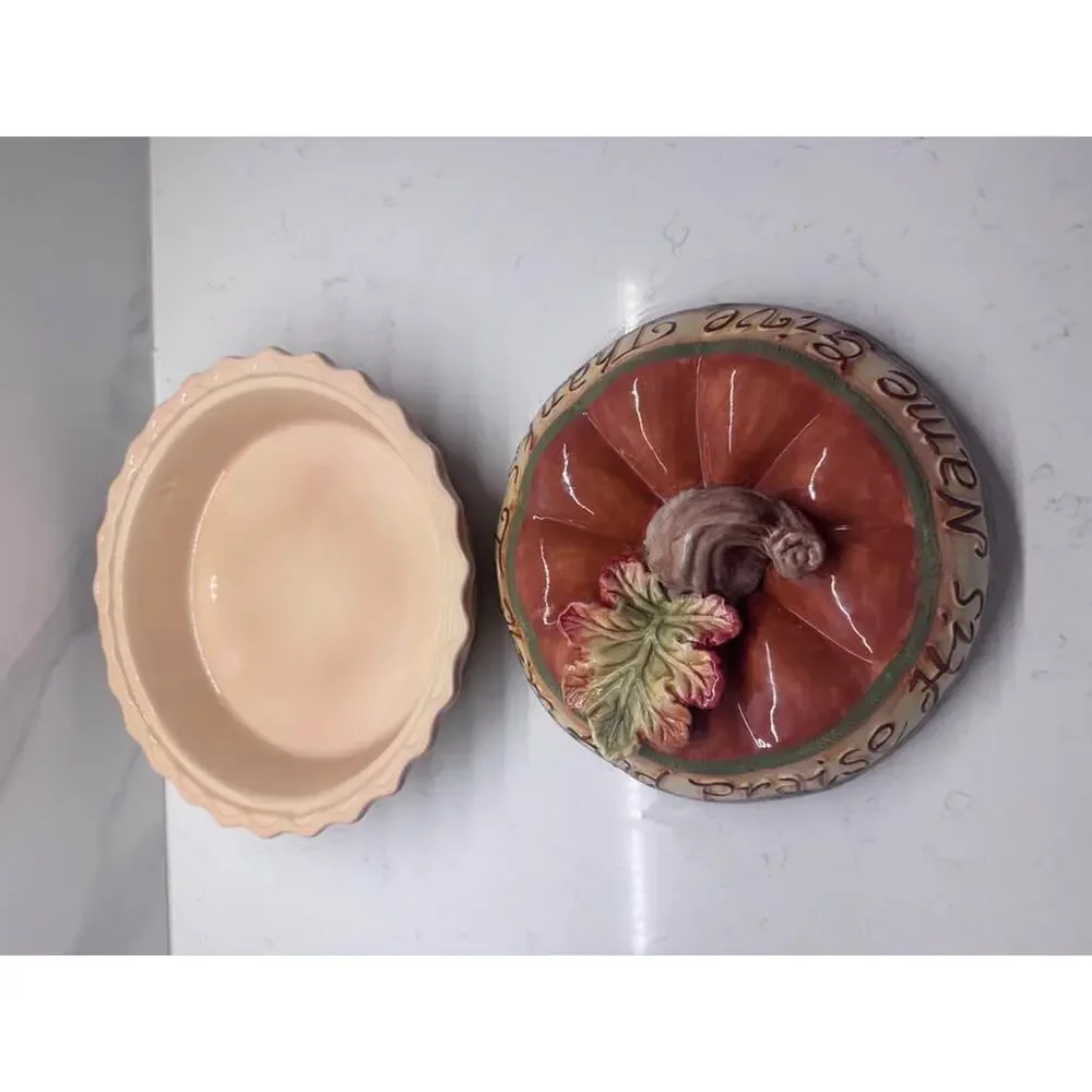Vintage 10” Ceramic Pumpkin Covered Pie Dish with Lid Fall Thanksgiving
